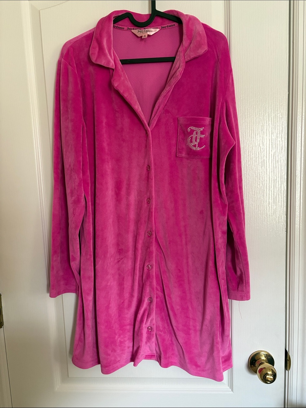Juicy Couture Hot Pink Velour Button-Front Lounge Long Pajama Shirt